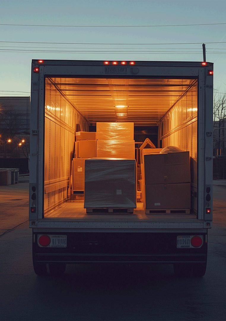 A single sofa sits in a vast warehouse, surrounded by countless packaged items, a scene of quiet anticipation and potential.